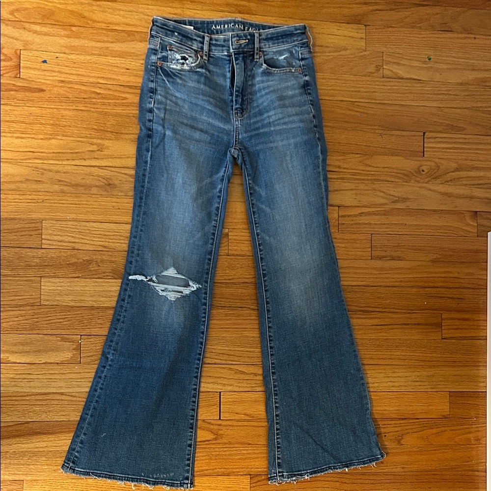 American Eagle Outfitters Women's Distressed Blue Wide Leg Jeans